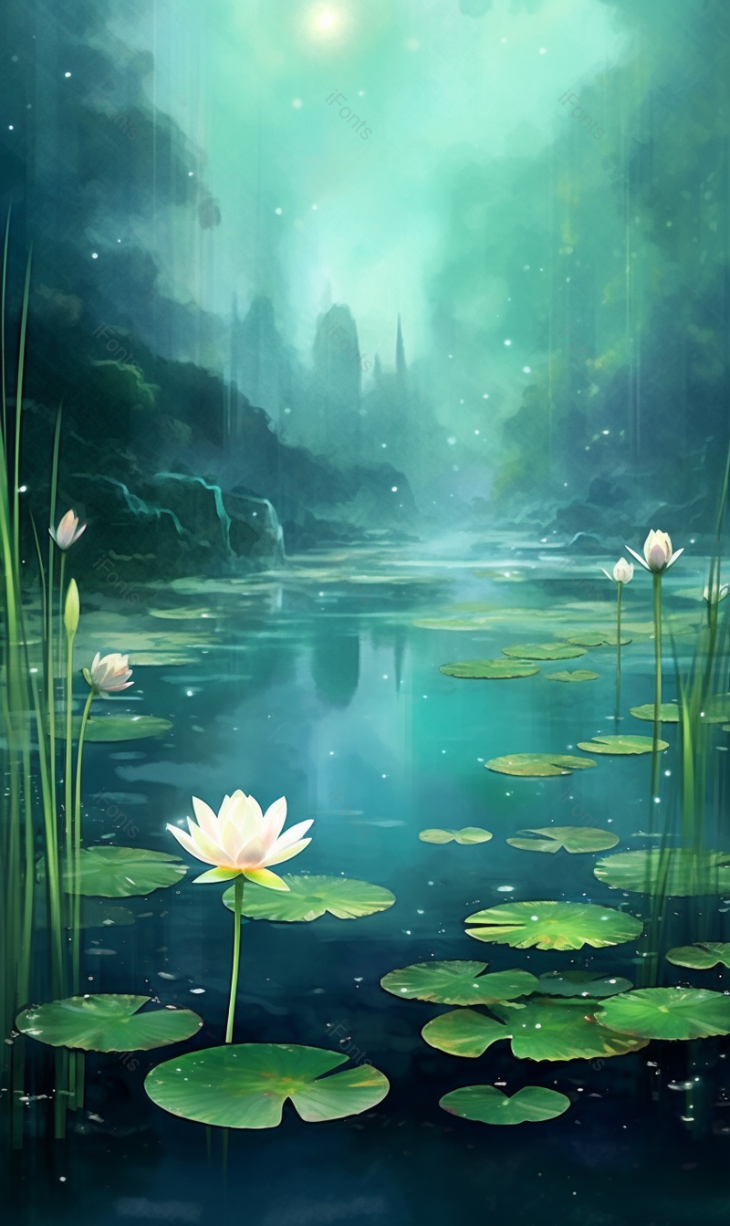 二十四节气小暑夏季夏至立夏山间水流汇聚小池塘水面上的荷花荷叶莲花绿色插画,插画/手绘图,插画/手绘图库,插画/手绘图下载,插画/手绘